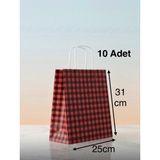 e ERTA Kırmızı/siyah Ekose Kraft Çanta 25X31 cm -10 Adet- Hediye Poşeti , Hediye Paketi Kraft Kağıt Çanta - 25 x 31 cm