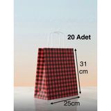 e ERTA Kırmızı/siyah Ekose Kraft Çanta 25X31 cm -20 Adet- Hediye Poşeti , Hediye Paketi Kraft Kağıt Çanta - 25 x 31 cm