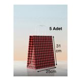 e Erta Kırmızı/Siyah Ekose Kraft Çanta 25x31 Cm -5 Adet- Hediye Poşeti , Hediye Paketi Kraft Kağıt Çanta