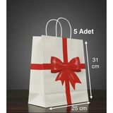 e ERTA Kurdele Desenli Kraft Çanta 25X31 cm 5 Adet Hediye Poşeti , Hediye Paketi , Kraft Kağıt Çanta - 25 x 31 cm