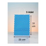 e Erta Mavi Benekli Kraft Çanta 25x31 Cm 5 Adet Hediye Poşeti ,Hediye Paketi ,Puantiyeli Kraft Kağıt Çanta