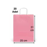 e Erta Pembe Renkli Kraft Çanta 25x31 Cm 20 Adet Hediye Poşeti , Hediye Paketi , Kraft Kağıt Çanta