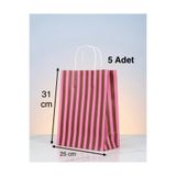 e Erta Pembe Ve Kahverengi Çizgili Kraft Çanta 25x31 Cm 5Adet Hediye Poşeti,Hediye Paketi Kraft Kağıt Çanta