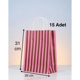 e ERTA Pembe ve Kahverengi Çizgili Kraft Çanta 25X31CM 15ADET Hediye Poşeti,hediye Paketi Kraft Kağıt Çanta - 25 x 31 cm