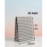 e ERTA Siyah/beyaz Ekose Kraft Çanta 25X31 cm -20 Adet- Hediye Poşeti , Hediye Paketi Kraft Kağıt Çanta - 25 x 31 cm