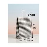 e Erta Siyah/Beyaz Ekose Kraft Çanta 25x31 Cm -5 Adet- Hediye Poşeti , Hediye Paketi, Kraft Kağıt Çanta