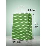 e ERTA Yeşil Benekli Kraft Çanta 25X31 cm 5 Adet Hediye Poşeti, Hediye Paketi ,puantiyeli Kraft Kağıt Çanta - 25 x 31 cm