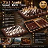 E-life shop Lüks Ahşap 3ü 1 Arada Satranç Dama Tavla Seti Katlanabilir Kilitli Oyun & Eğlence Takımı 34 cm