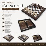 E-life shop Lüks Ahşap Ceviz Görünümlü Katlanabilir 3’ü 1 Arada Satranç Dama Tavla Seti 34 x 34 cm Oyun Takımı