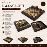 E-life shop Lüks Ahşap Maun Görünümlü Katlanabilir 3’ü 1 Arada Satranç Dama Tavla Seti 34 x 34 cm Oyun Takımı