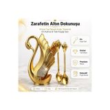 e-life shop Lüks İskandinav Kuğu Tutuculu 6'lı Kahve Çay Tatlı Kaşığı Seti Kristal Taşlı Gold Dekor Şık