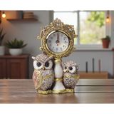 E-life shop Lüks İşlemeli Saatli 2'li Baykuş Heykeli Dekoratif Masaüstü Biblo Yeni Yıl Ev & Ofis Hediyesi 17 cm.