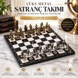E-life shop Lüks Metal Satranç Takımı Krom Kaplama Gold Figürlü Siyah Mermer Desenli Ahşap Tahta 25x25cm Premium