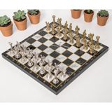 E-life shop Lüks Metal Satranç Takımı Krom Kaplama Pegasus Atları & Klasik Mermer Desenli Siyah Tahta 20 cm.