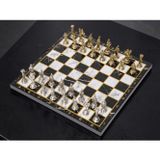 E-life shop Lüks Metal Satranç Takımı Krom Kaplama Roma Ordusu Figür & Klasik Mermer Desenli Siyah Tahta 20 cm.