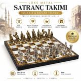 E-life shop Lüks Metal Satranç Takımı Osmanlı Bizans Figürlü Krom Kehribar Mermer Desenli 20 x 20 Premium Hediye