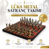 E-life shop Lüks Metal Satranç Takımı Osmanlı Bizans Figürlü Krom Kırmızı Mermer Desenli 20 x 20 Premium Hediye