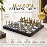 E-life shop Lüks Metal Satranç Takımı Osmanlı Bizans Figürlü Krom Mavi Mermer Desenli 20x20 Premium Hediye Seti
