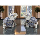 E-life shop Lüks Taş ve Nakış İşlemeli 2’li Feng Shui Şans Bereket Fil Heykel Dekoratif Biblo Ev Hediyesi 14 cm.