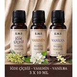 E.M.S Iğde Çiçeği - Yasemin - Vanilya Esansiyel Uçucu Yağ Buhurdanlık Yağı Difüzör Esansı Oda Kokusu Esansı Mum 3 x 10 Ml.