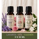 E.M.S LAVANTA - GÜL - YASEMİN Esansiyel Uçucu Yağ Buhurdanlık Yağı Difüzör Esansı Oda Kokusu MUM ESANSI 3 X10 ML.
