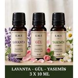 E.M.S LAVANTA - GÜL - YASEMİN Esansiyel Uçucu Yağ Buhurdanlık Yağı Difüzör Esansı Oda Kokusu MUM ESANSI 3 X10 ML.