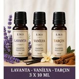 E.M.S LAVANTA - VANİLYA - TARÇIN Esansiyel Uçucu Yağ Buhurdanlık Yağı Difüzör Esansı Oda Kokusu Esansı MUM ESANSI 3 X 10 ML.