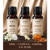 E.M.S Misk - Vanilya -Amber Esansiyel Uçucu Yağ Buhurdanlık Yağı Difüzör Esansı Oda Kokusu Mum Esansı 3 x 10 Ml.