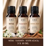 E.M.S Misk - Yasemin - Sedir Ağacı Esansiyel Uçucu Yağ Buhurdanlık Yağı Difüzör Esansı Oda Kokusu Mum Esansı 3 x 10 Ml.