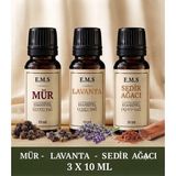 E.M.S Mür - Lavanta - Sedir Ağacı Esansiyel Uçucu Yağ Buhurdanlık Yağı Difüzör Esansı Oda Kokusu Mum Esansı 3 x 10 Ml.