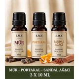 E.M.S Mür - Portakal - Sandal Ağacı Esansiyel Uçucu Yağ Buhurdanlık Yağı Difüzör Esansı Oda Kokusu Mum Esansı 3 x 10 Ml.