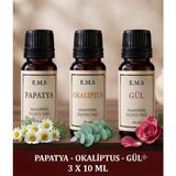 E.M.S PAPATYA - OKALİPTUS - GÜL Esansiyel Uçucu Yağ Buhurdanlık Yağı Difüzör Esansı Oda Kokusu Esansı MUM ESANSI 3 X 10 ML.