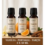 E.M.S VANİLYA - PORTAKAL - TARÇIN Esansiyel Uçucu Yağ Buhurdanlık Yağı Difüzör Esansı Oda Kokusu Esansı MUM ESANSI 3 X 10 ML.