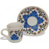 E-Meta Kütahya Kahve Seti (5 Parça) - Porselen Tepsi + 2 Fincan + 2 Altlık - Kadife Hediye Kutusu - Mavi - Sarı - 85 ml