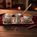 E Orient Kahve Sunum Kahve 2'li Cezveli Kahve Seti Espresso Kahve Mırra Kahve Tepsili - Gri