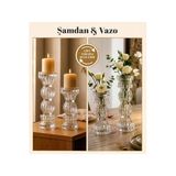 E Züccaciye Çift Taraflı Kullanılan 2'Li Vazo & Şamdan Lüx Dekoratif- El Yapımı Cam (18 X 9 Cm - 23 X 9 Cm) Şeffaf 23 X 18