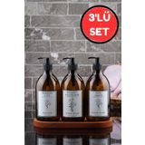 EA Home Concept Ahşap Stantlı 3'lü Amber Cam Sıvı Sabun Bulaşık Deterjanı ve Çamaşır Suyu Şişesi Sabunluk 500ml