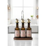 EA Home Concept Ahşap Stantlı Gold Başlıklı 3'lü 250 ml Sirke | Nar Ekşisi ve Limon Suyu Sosluk Seti Cam Yağdanlık