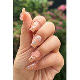 Easy Beauty 24 Adet Protez Tırnak Görünümlü Taşlı Çiçek Desenli Takma Tırnak Seti Yapıştırıcı Bant Hediyeli Z528 - Açık Bej