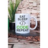 Eat Sleep Code Repeat 5 Baskılı Yazılım Geliştirici Hediyelik Baskılı Çay Kahve Sunum Kupa Bardak - Beyaz