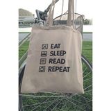 Eat Sleep Read Repeat Kitapsever Hediyelik Baskılı %100 Pamuklu Ham Bez Bej Çanta