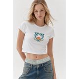 Eazy Co EAZY Dolphins Baskılı Kadın Beyaz Crop T-Shirt Bisiklet Yaka Kısa Kollu Pamuklu Crop Top