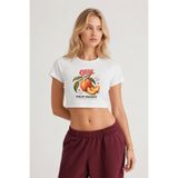 Eazy Co EAZY Fruit Market Baskılı Kadın Beyaz Crop T-Shirt Bisiklet Yaka Kısa Kollu Pamuklu Crop Top