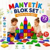 Eba Home 72 Parça Manyetik Yapı Blokları - Mıknatıslı Oyuncak Çocuklar Için Renkli 3 Boyutlu Kare Üçgen Karo Oyun Seti Oyuncak Yap-Boz