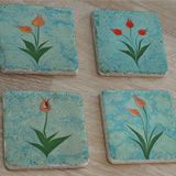 Ebru Laleler Doğal Taş Bardak Altlığı 4'lü set - Natural Stone Coasters