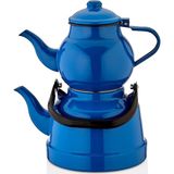 Ebru Metal Emaye Nostaljik Küçük Boy Çaydanlık Takımı Mavi Renk 1,7 Litre Alt Çaydanlık