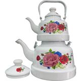 Ebru Metal Nostaljik Emaye Çaydanlık Takımı 16/22 (Çok Büyük Boy) - Kırmızı - Beyaz