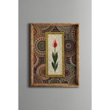 Ebru Zeminli Kırmızı Lale Motifi Tablosu - Vintage Desenli Çerçeve - İnce Model, Altın1, 15 x 21