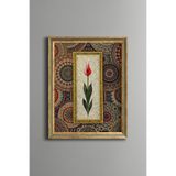 Ebru Zeminli Kırmızı Lale Motifi Tablosu - Vintage Desenli Çerçeve - İnce Model, Altın4, 21 x 30