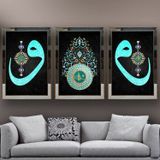Ebruli Desenli "Vav" Temalı Aynalı Çerçeveli 3 lü Kanvas Tablo Seti 150x70 cm SETS0027